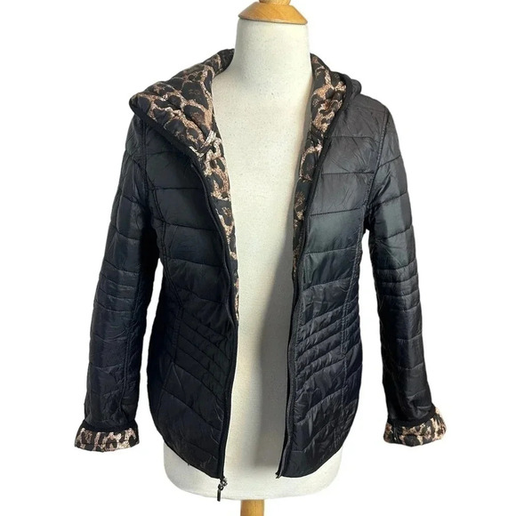 Dressbarn M‎ black + leopard print reversible hooded puffer jacket with pockets - Picture 5 of 8